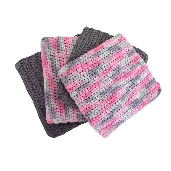 (4) Handmade Crocheted Dishcloths Washcloths 100% Cotton 8" x 8" Pink Granite - Picture 1 of 2